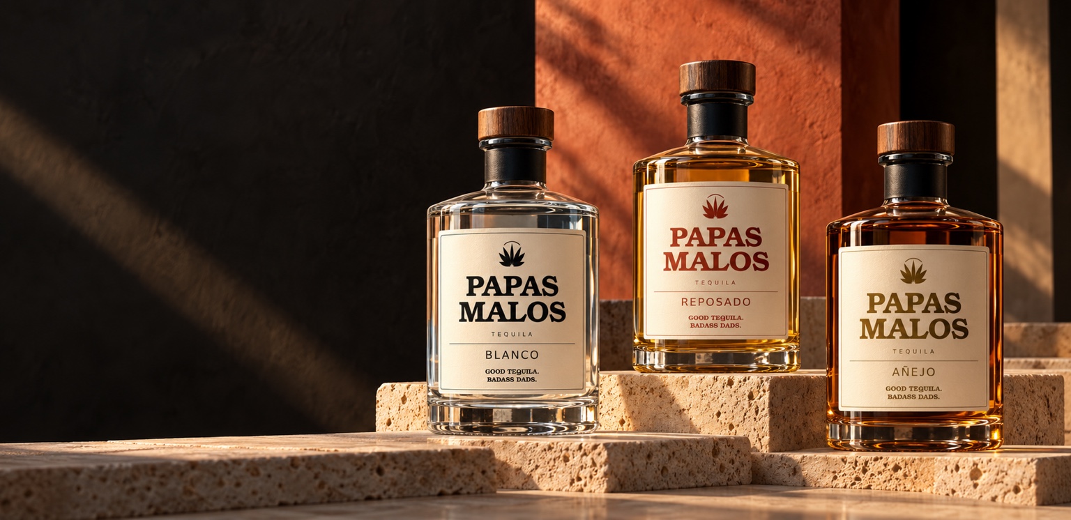 Concept renderings of three Papas Malos tequila bottles: Blanco with clear liquid, Reposado with golden amber liquid, and Añejo with deep amber liquid